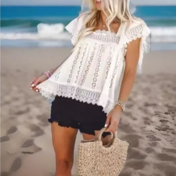Darling Beach Scallop Lace Trim Off Shoulders Hollowed Out Designs White Top - Picture 2 of 10
